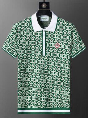 Casablanca Green Stand Collar Geometric Print Polo Shirt